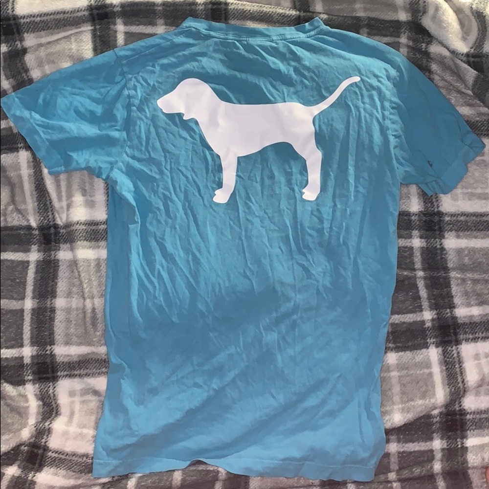 blue pink dog shirt